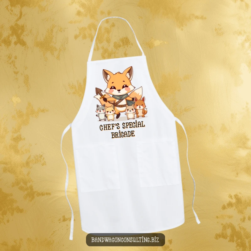 Funny apron featuring a charming fox character leading a group of smaller animals, ready for kitchen duty.