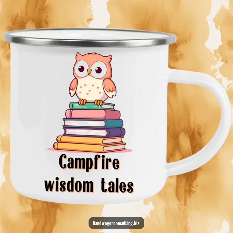 Funny camping mug showing a cute owl character perched atop a wobbly stack of books, perfect for outdoor use.