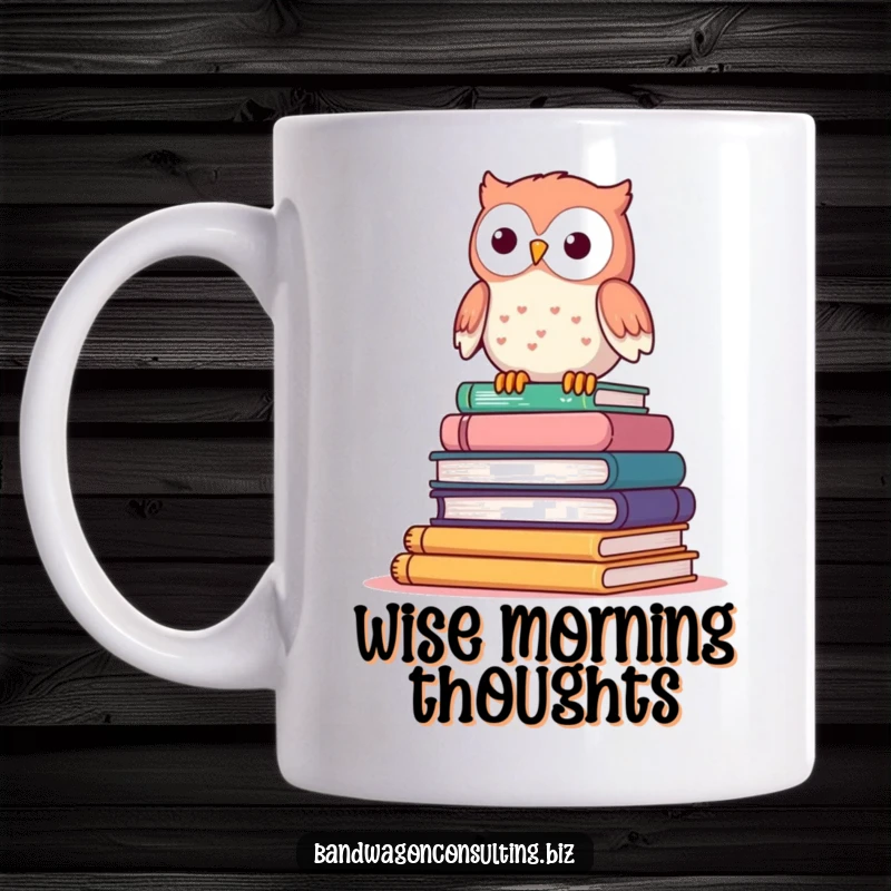 Funny mug showing a cute owl character perched precariously atop a wobbly stack of books.