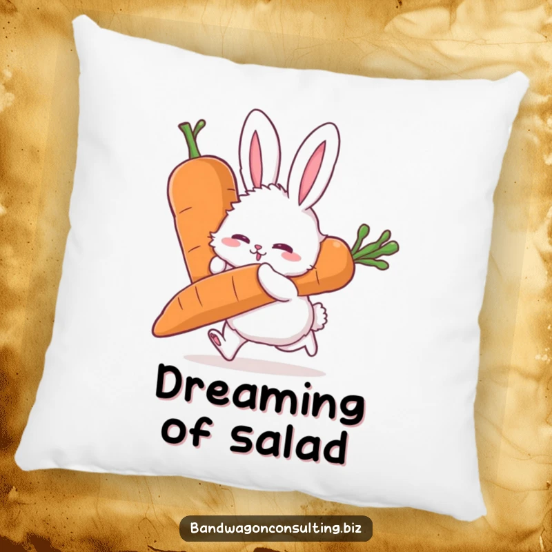 Funny pillow with a fluffy rabbit character intensely pushing a large carrot, symbolizing hard work.