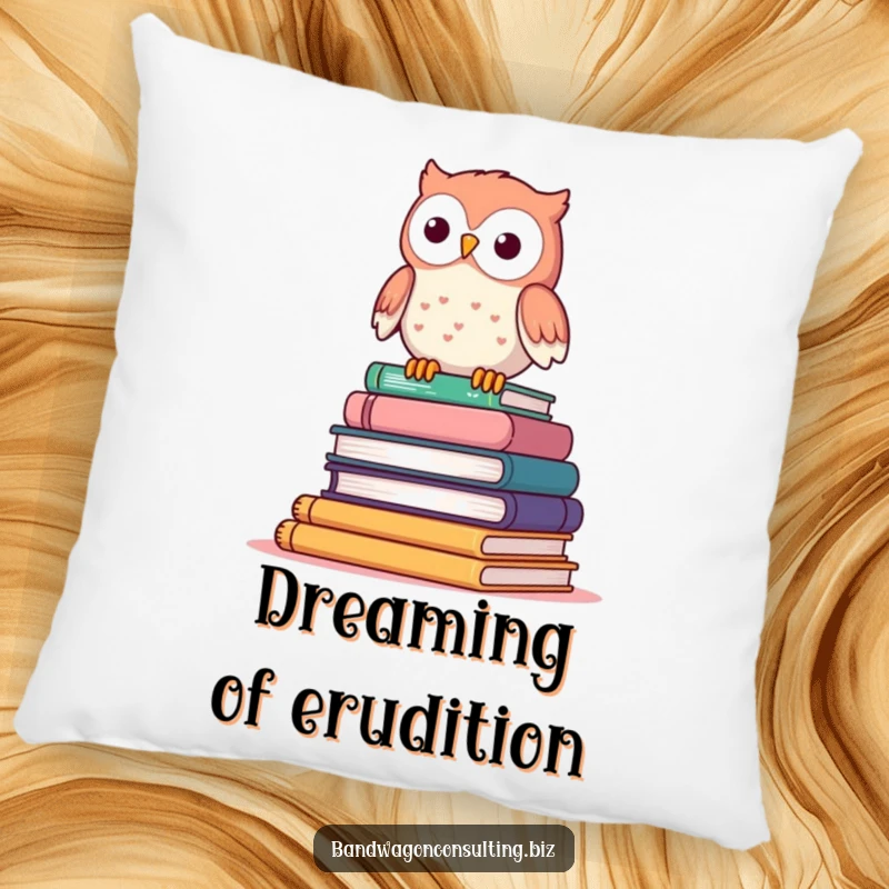 Funny pillow with a cute owl character perched precariously on a wobbly stack of books.