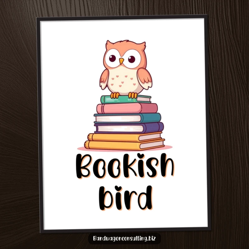 Funny digital art print of a cute owl character perched atop a wobbly stack of books.