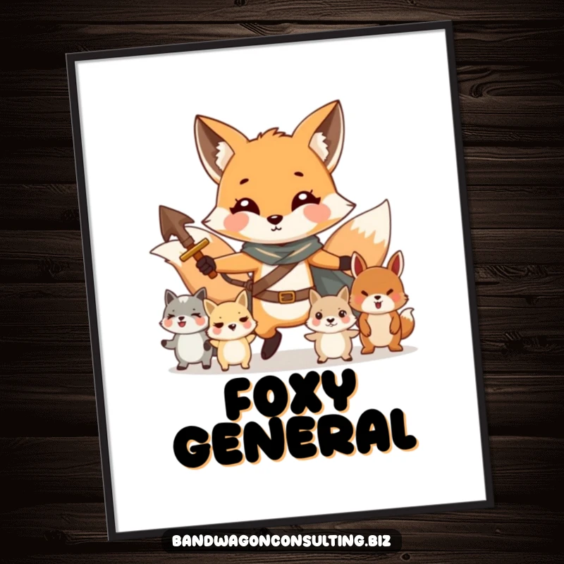 Funny digital art print of a charming fox character bravely leading a group of smaller, cute animals.