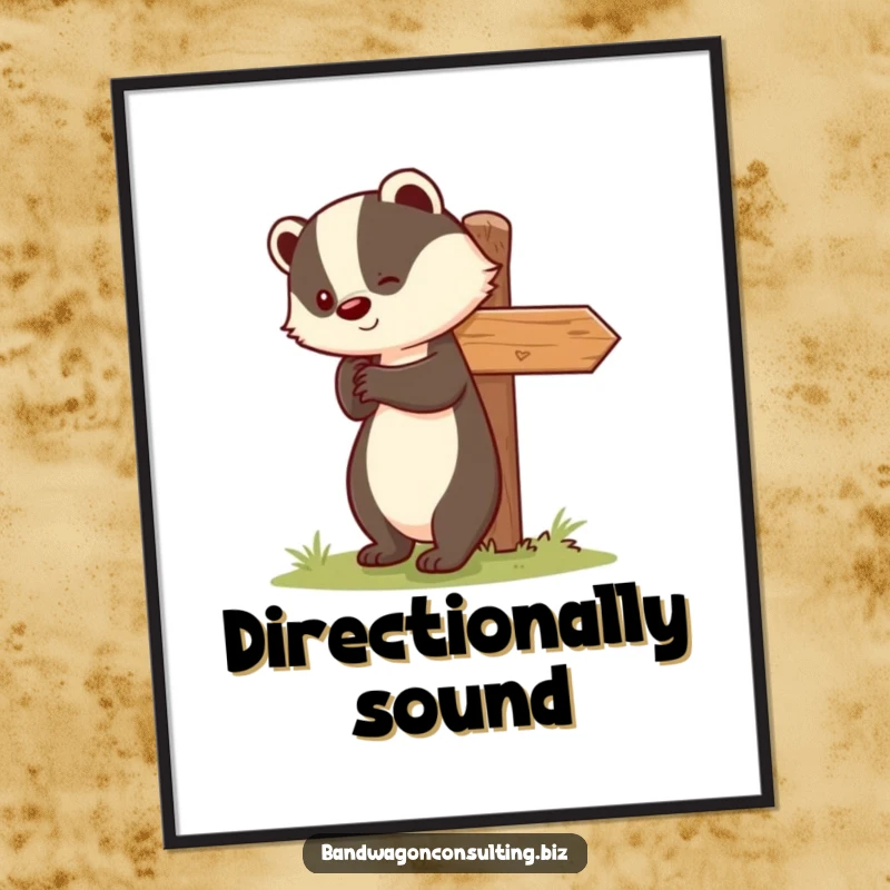 Funny digital art print of a cute badger character smiling while nudging a leaning signpost upright.