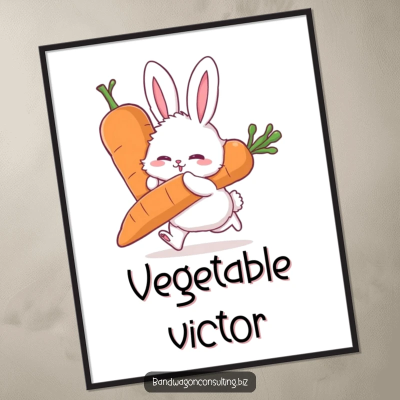 Funny digital art print of a fluffy rabbit character exerting all its might to push a giant carrot.