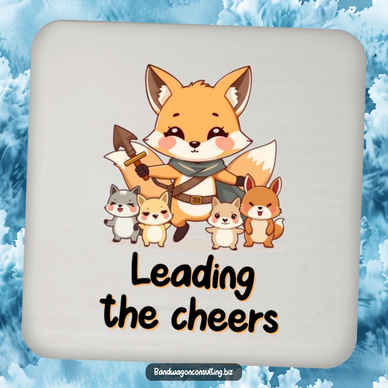Funny drink coaster with a charming fox character leading a troupe of smaller animals.