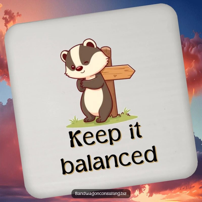 Funny drink coaster with a cute smiling badger character nudging a leaning signpost upright.