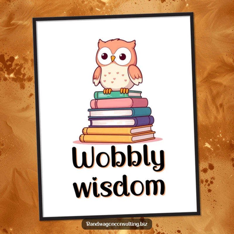 Funny poster art of a cute owl character perched atop a wobbly stack of books.