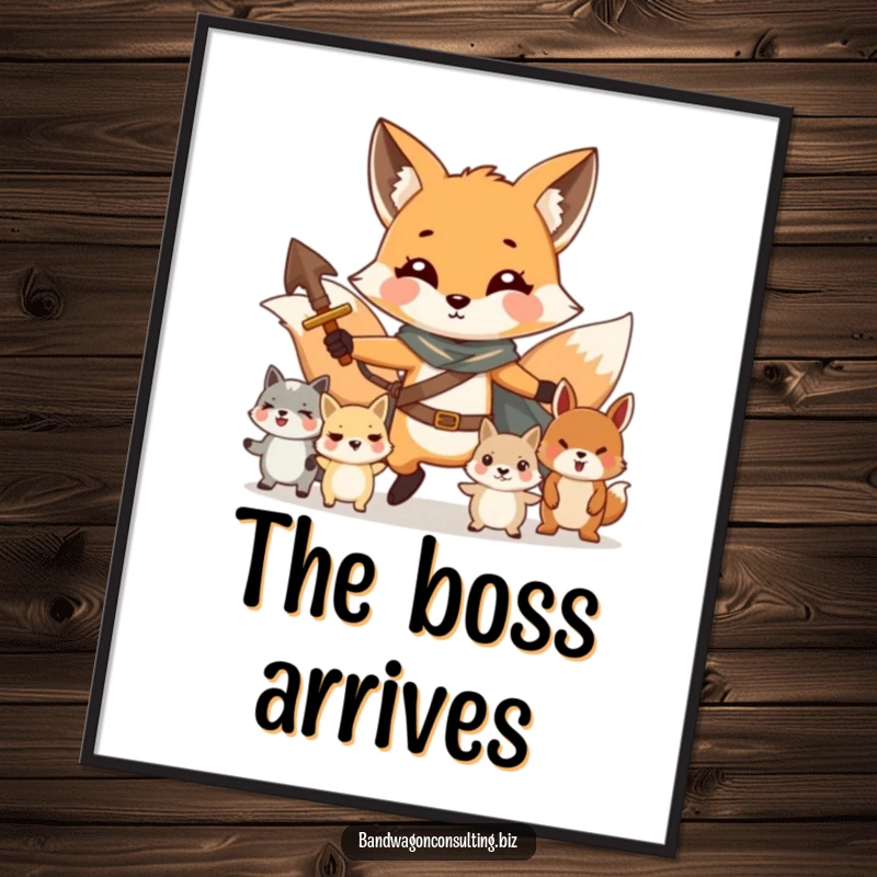Funny poster art of a charming fox character bravely leading a group of smaller, cute animals.
