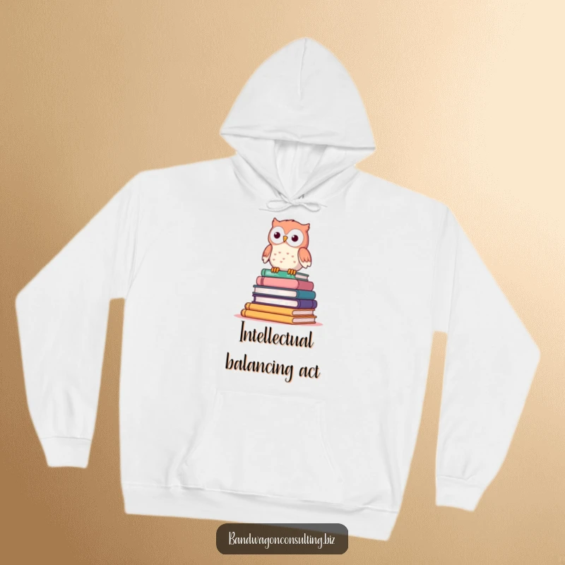 Funny hoodie featuring a cute owl character perched precariously on a wobbling pile of books.