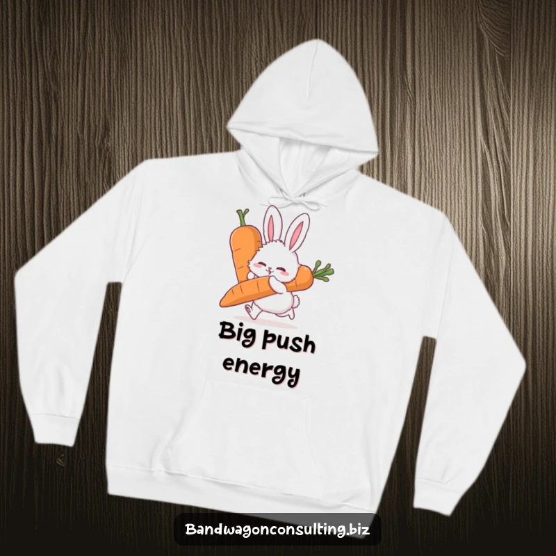 Funny hoodie with a fluffy rabbit character intensely pushing a giant carrot, showcasing immense effort.