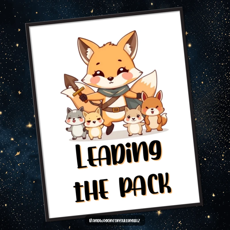 Funny Free Printable Wall Art: Charming fox bravely leading a troupe of smaller animals, a symbol of guidance.