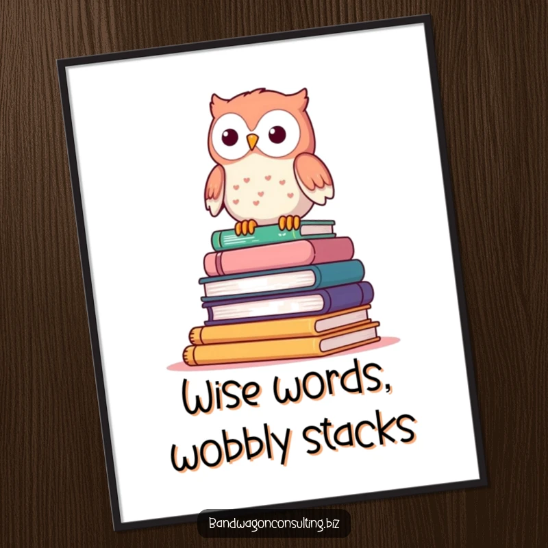 Funny Free Printable Wall Art: Cute owl perched atop a wobbly stack of books, adding quirky charm.