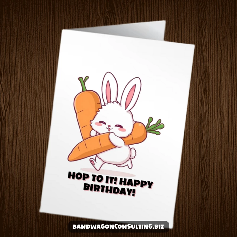 Funny Free Printable Birthday Card: Fluffy rabbit pushing a giant carrot with all its might, a birthday effort.