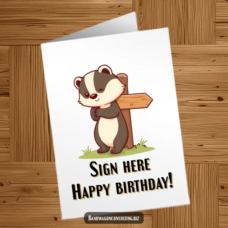 Funny Free Printable Birthday Card: Cute badger smiling, pushing a signpost upright, perfect for a laugh.