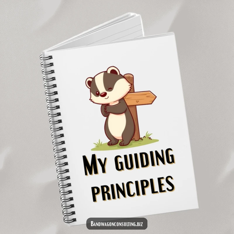Funny notebook with a cute badger character smiling while nudging a leaning signpost upright.