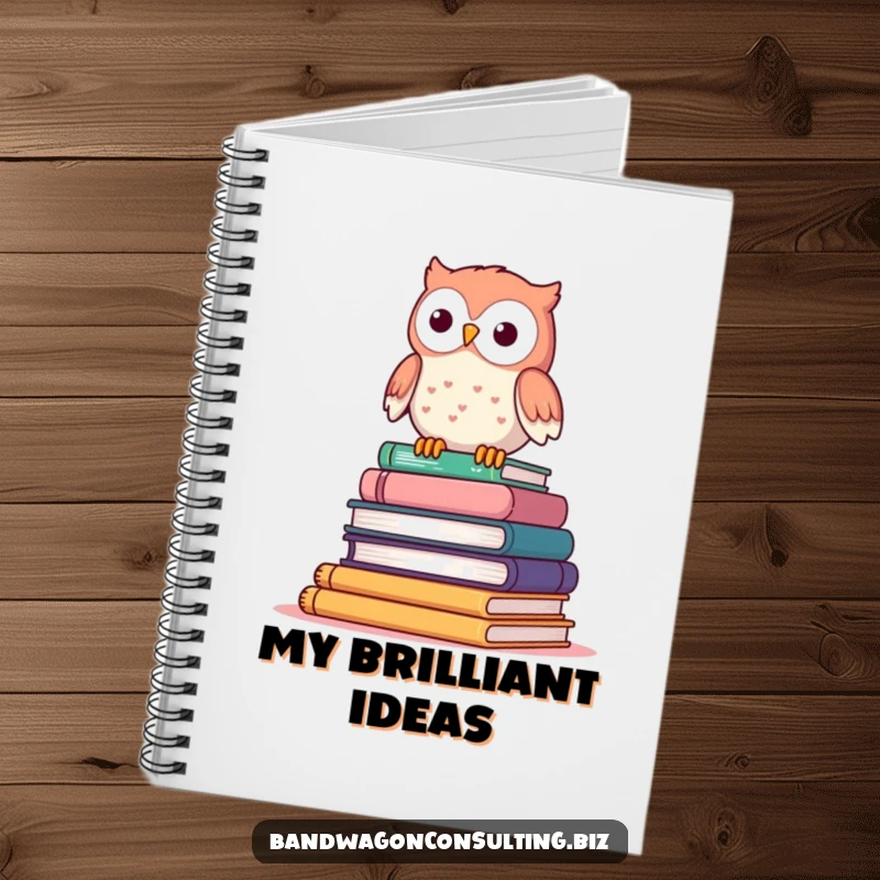 Funny notebook with a cute owl character perched atop a wobbly stack of books.