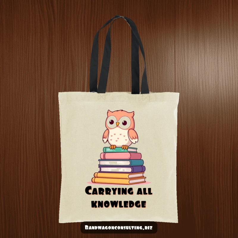 Funny tote bag showing a cute owl character perched atop a wobbly stack of books.