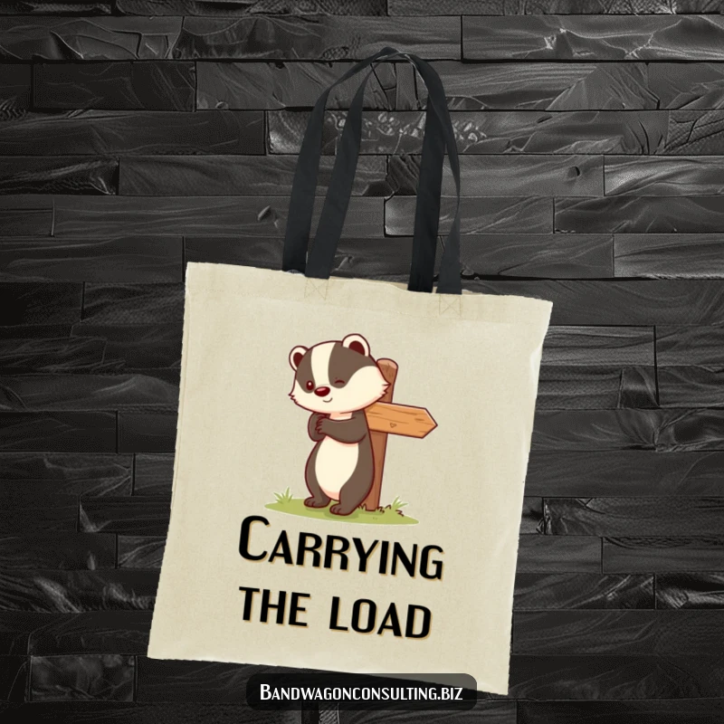 Funny tote bag showcasing a smiling badger character diligently pushing a leaning signpost to stand straight.