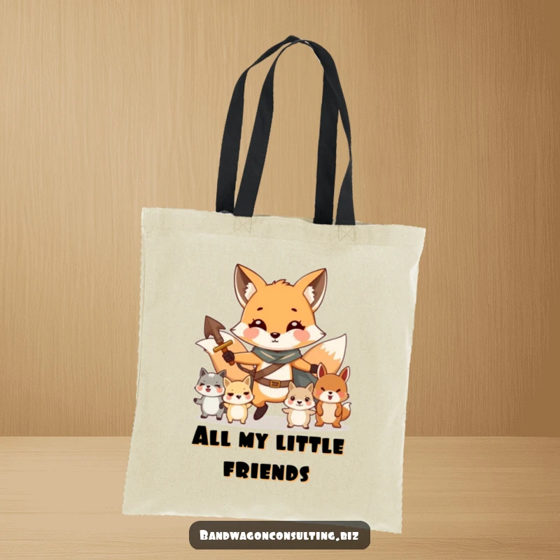 Funny tote bag showing a charming fox character bravely leading a troupe of smaller animals.