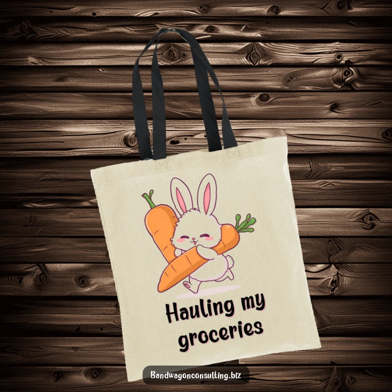 Funny tote bag showing a fluffy rabbit character straining to push a massive carrot, symbolizing effort.